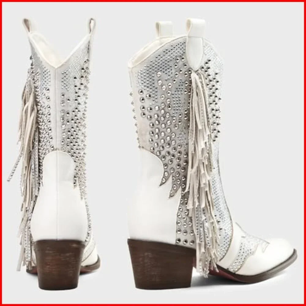 Pointed Toe Rhinestone Western Booties Chunky Heel Slip On Ankle Boots